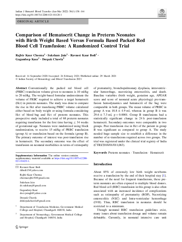 (PDF) Comparison of Hematocrit Change in Preterm Neonates with Birth ...