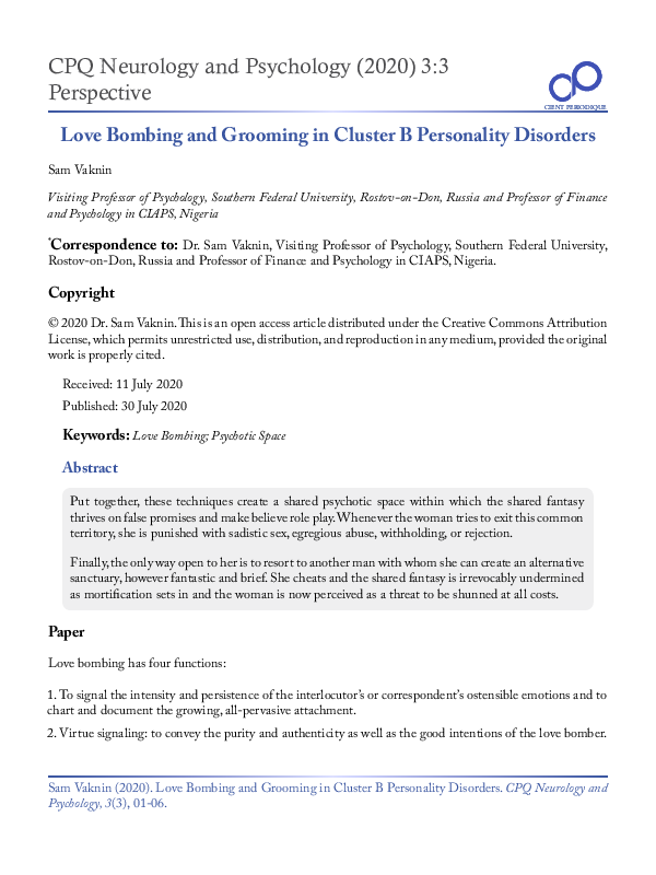 (PDF) Love Bombing and Grooming in Cluster B Personality Disorders