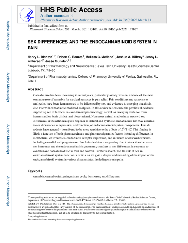 (PDF) Sex differences and the endocannabinoid system in pain