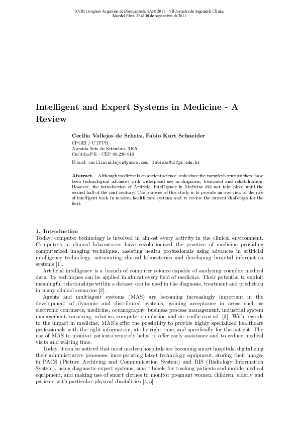 (PDF) Intelligent and Expert Systems in Medicine - A Review