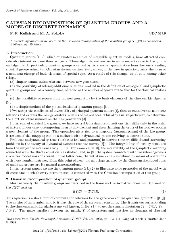 (PDF) Gaussian Decomposition of Quantum Groups and a Model of Discrete ...