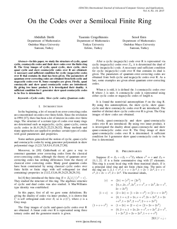 (PDF) On the Codes over a Semilocal Finite Ring
