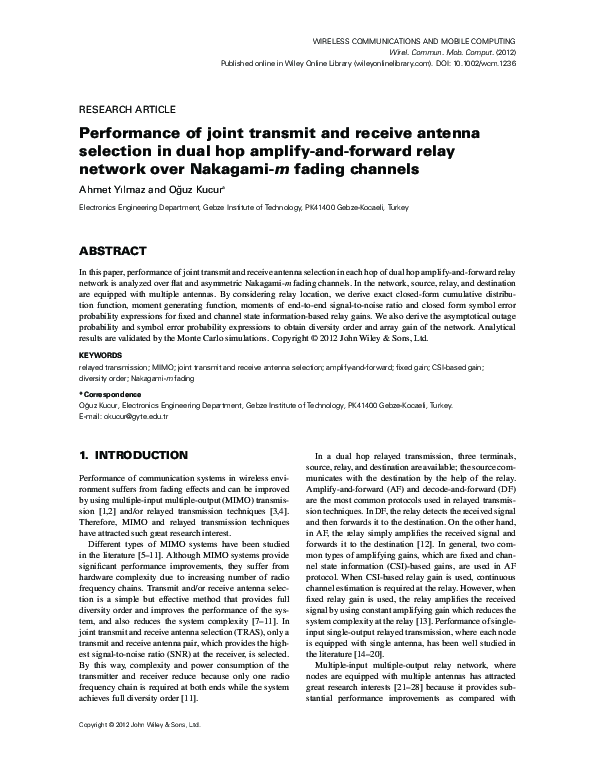 (PDF) Performance of joint transmit and receive antenna selection in ...