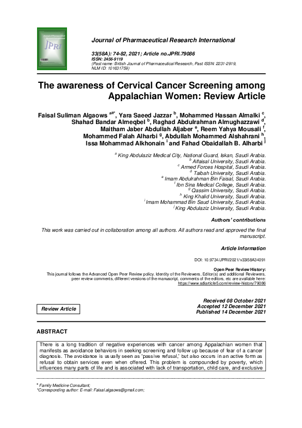 (PDF) The awareness of Cervical Cancer Screening among Appalachian ...