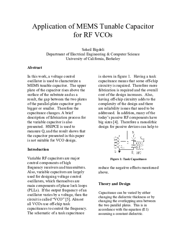 (PDF) Application of MEMS Tunable Capacitor for RF VCOs
