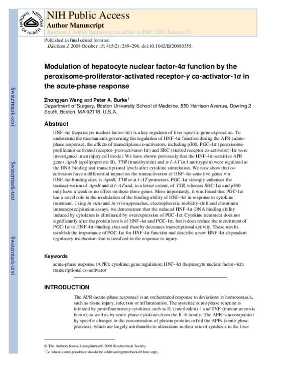 (PDF) Modulation of hepatocyte nuclear factor-4α function by the ...