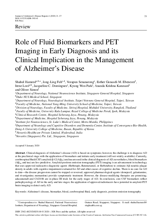 (PDF) Role of Fluid Biomarkers and PET Imaging in Early Diagnosis and ...