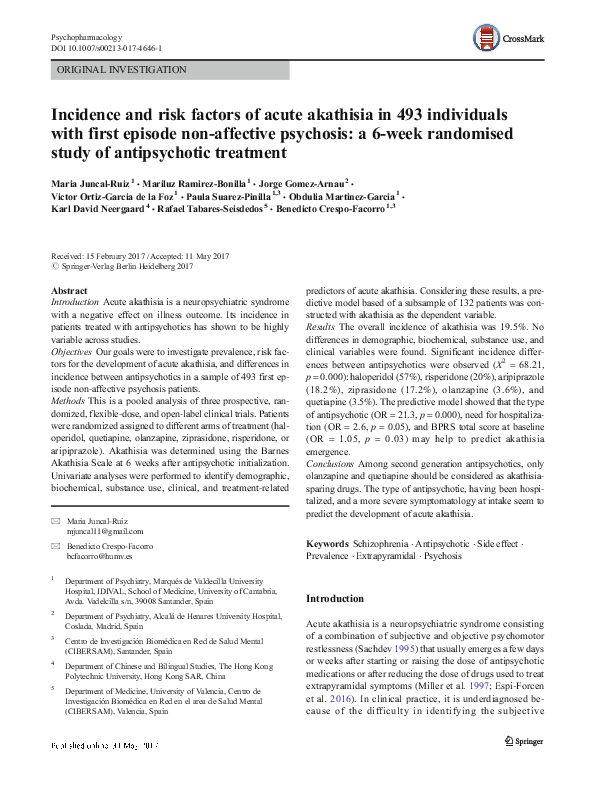 (PDF) Incidence and risk factors of acute akathisia in 493 individuals ...
