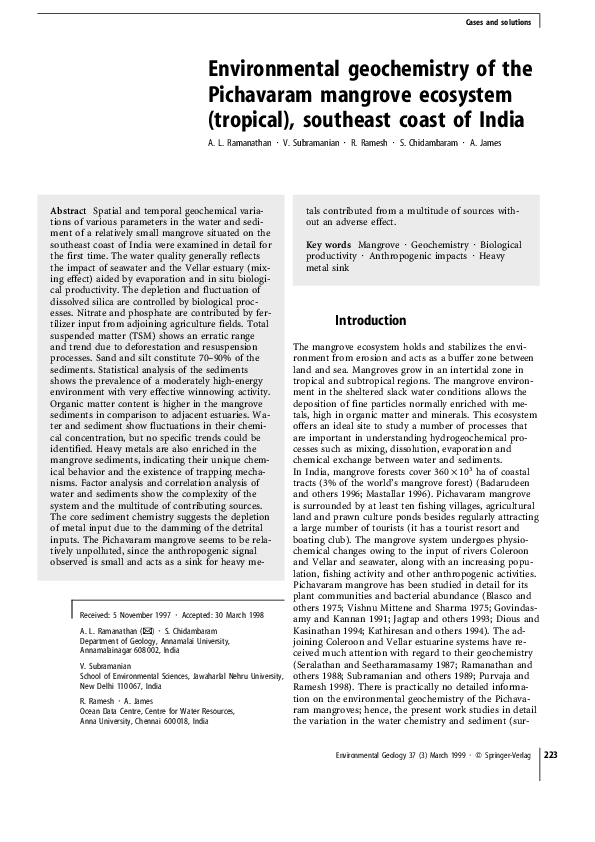 (PDF) Environmental geochemistry of the Pichavaram mangrove ecosystem ...