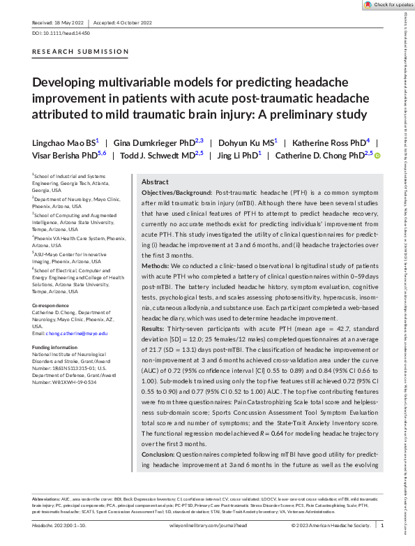 (PDF) Developing multivariable models for predicting headache ...
