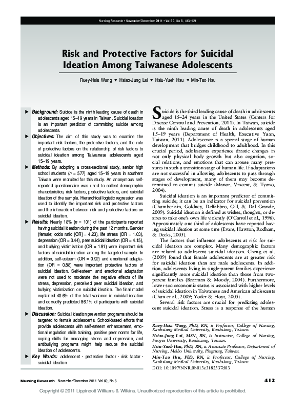 (PDF) Risk and Protective Factors for Suicidal Ideation Among Taiwanese ...