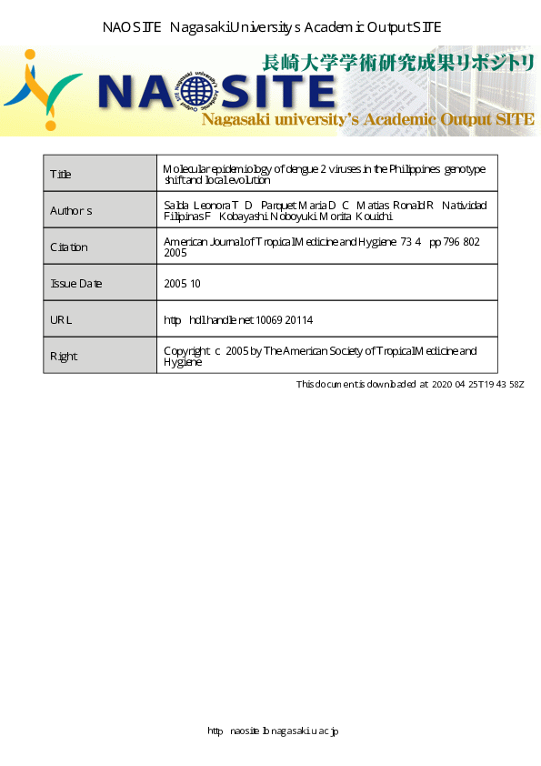 (PDF) Molecular Epidemiology of Dengue 2 Viruses in the Philippines ...