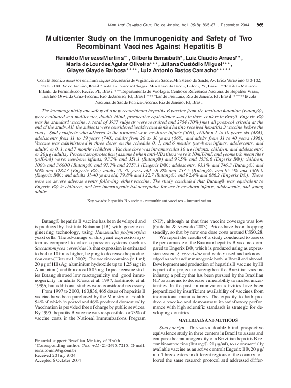(PDF) Multicenter study on the immunogenicity and safety of two ...
