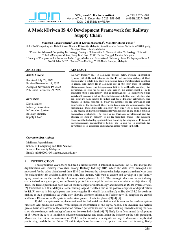 (PDF) A Model-Driven IS 4.0 Development Framework for Railway Supply Chain