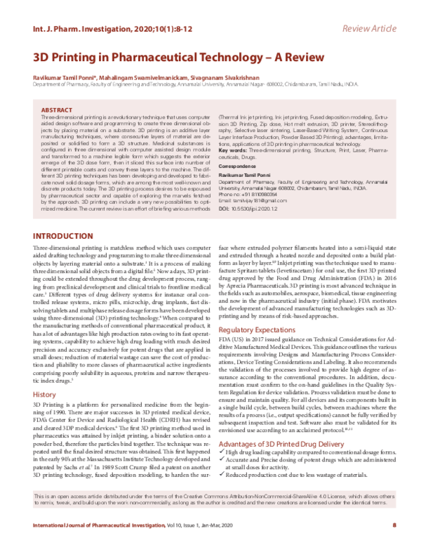 (PDF) 3D Printing in Pharmaceutical Technology – A Review