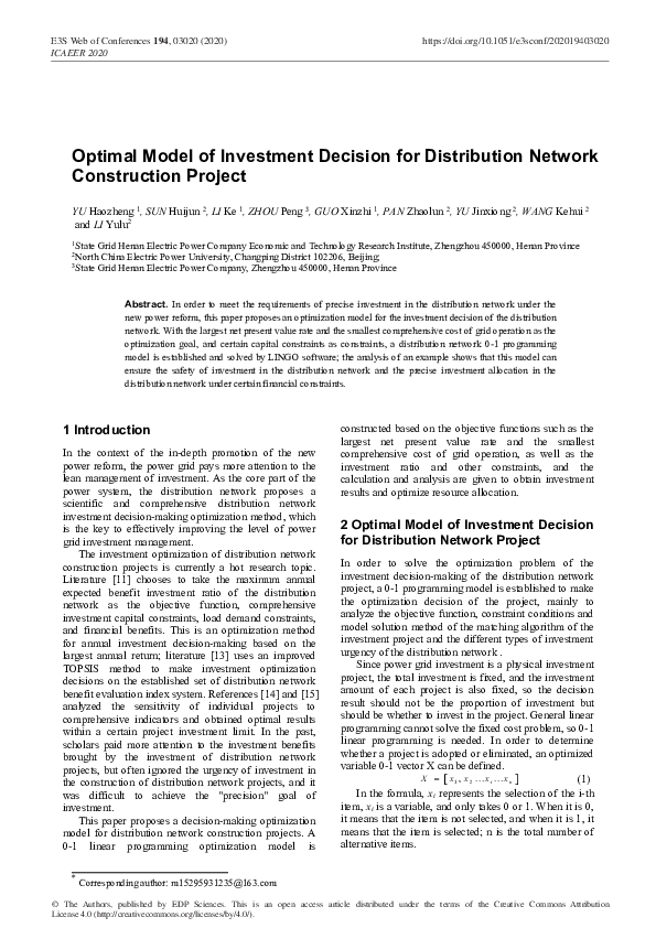 (PDF) Optimal Model of Investment Decision for Distribution Network ...