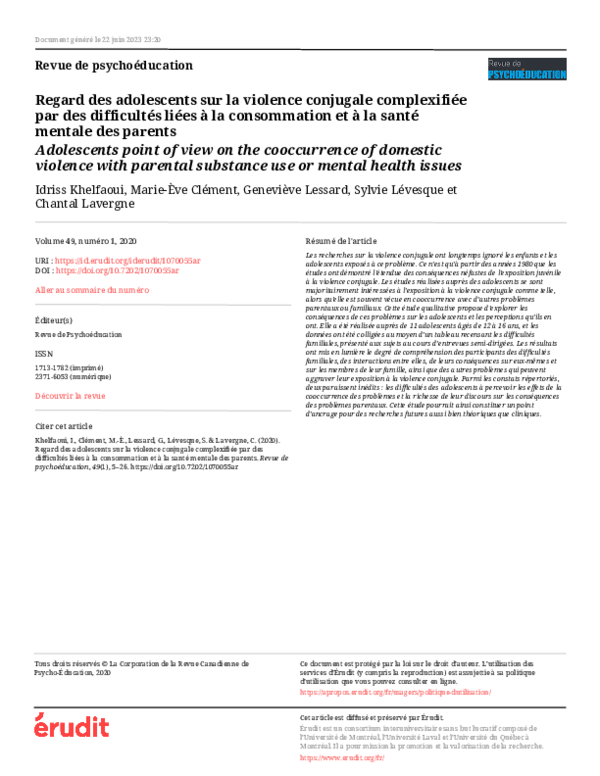(PDF) Regard des adolescents sur la violence conjugale complexifiée par ...