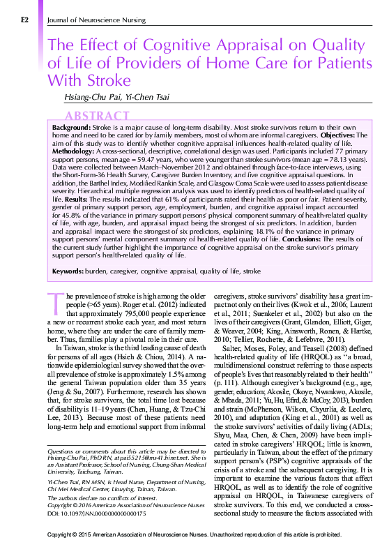 (PDF) The Effect of Cognitive Appraisal on Quality of Life of Providers ...