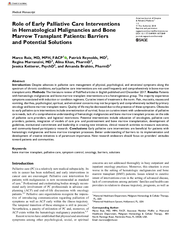 (PDF) Role of Early Palliative Care Interventions in Hematological ...