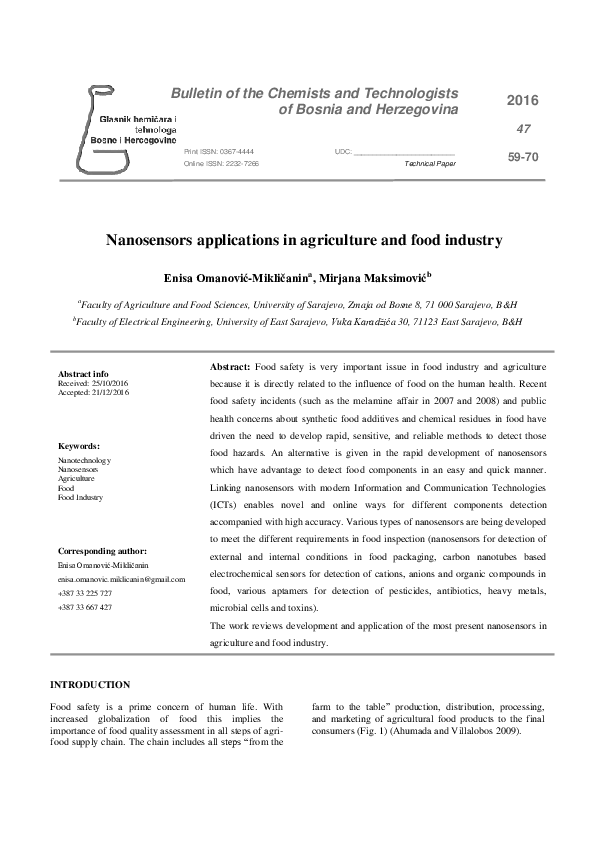 (PDF) Nanosensors applications in agriculture and food industry