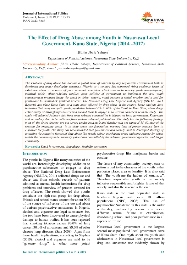 (PDF) The Effect of Drug Abuse among Youth in Nasarawa Local Government ...
