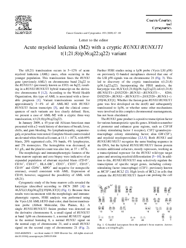 (PDF) Acute myeloid leukemia (M2) with a cryptic RUNX1/RUNX1T1 t(1;21;8 ...