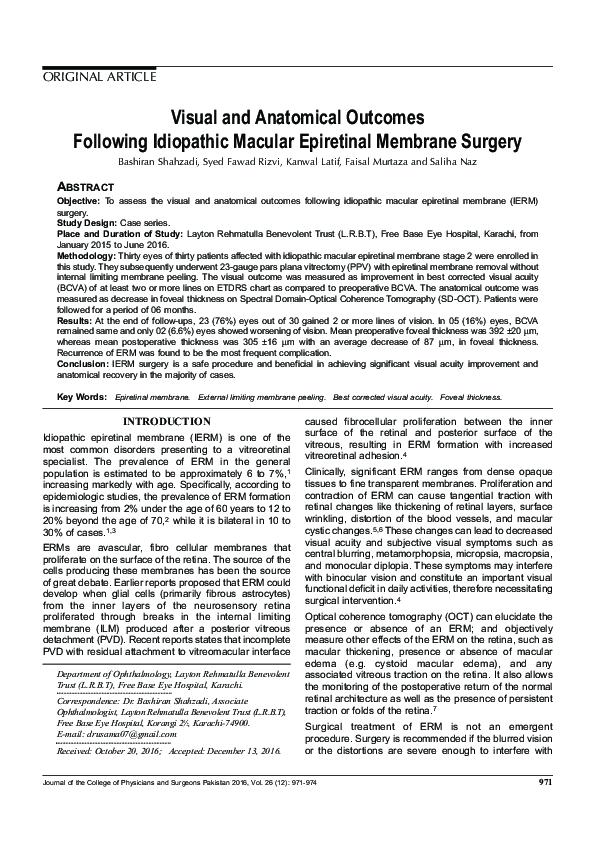 (PDF) Visual and Anatomical Outcomes Following Idiopathic Macular ...