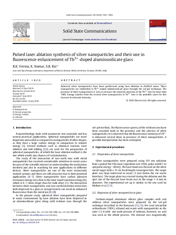 (PDF) Pulsed laser ablation synthesis of silver nanoparticles and their ...