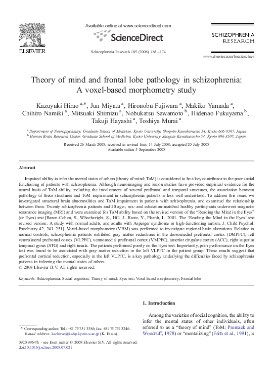(PDF) Theory of mind and frontal lobe pathology in schizophrenia: A ...