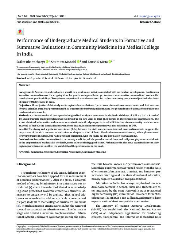 (PDF) Performance of Undergraduate Medical Students in Formative and ...
