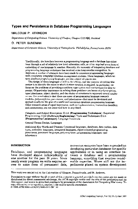 (PDF) Types and persistence in database programming languages