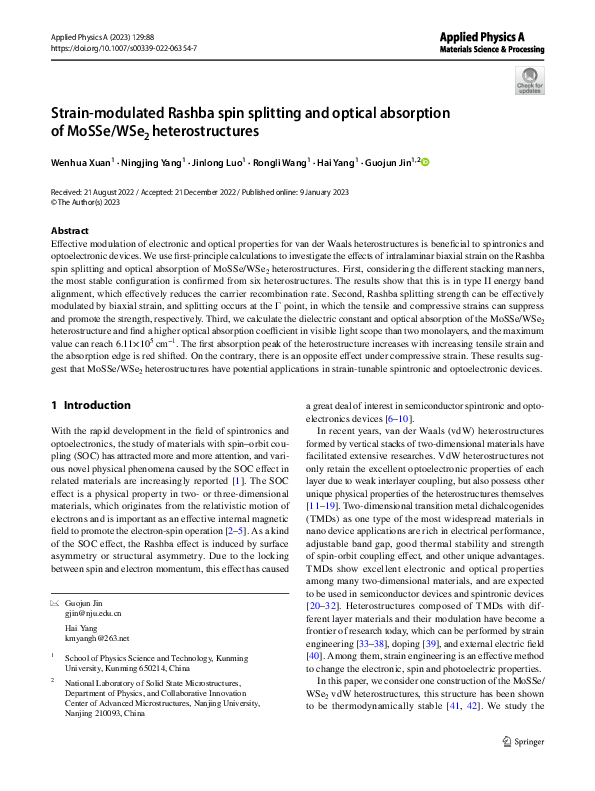 (PDF) Strain-modulated Rashba spin splitting and optical absorption of ...