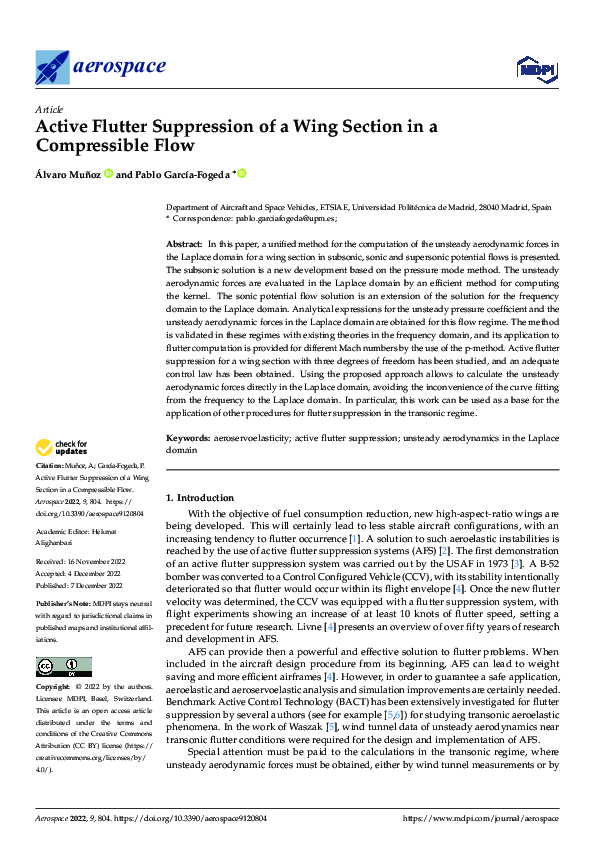 (PDF) Active Flutter Suppression of a Wing Section in a Compressible Flow