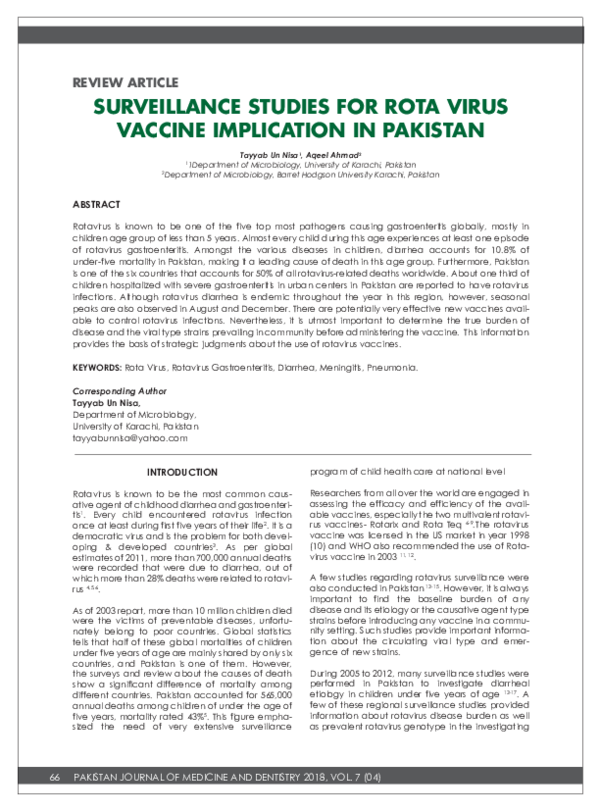 (PDF) Surveillance Studies for Rota Virus Vaccine Implication in Pakistan