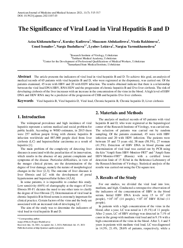(PDF) The Significance of Viral Load in Viral Hepatitis B and D