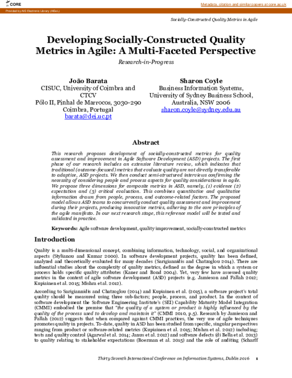  pdf developing socially constructed quality metrics in agile a multi