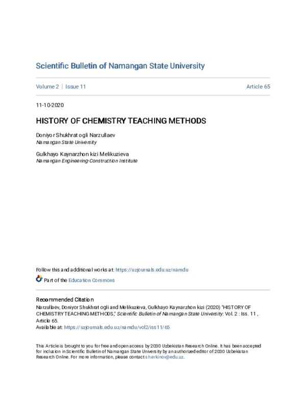(PDF) History of Chemistry Teaching Methods Doniyor Narzullaev