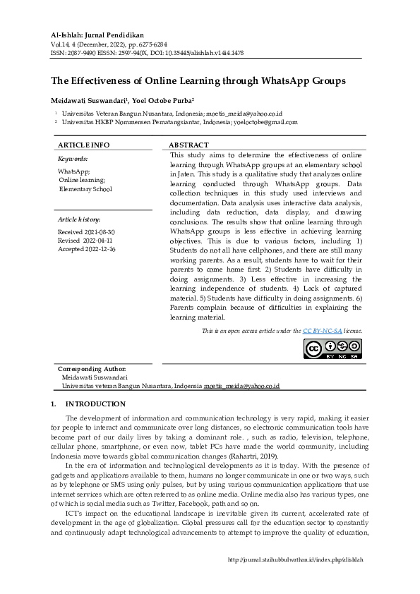 (PDF) The Effectiveness of Online Learning through WhatsApp Groups