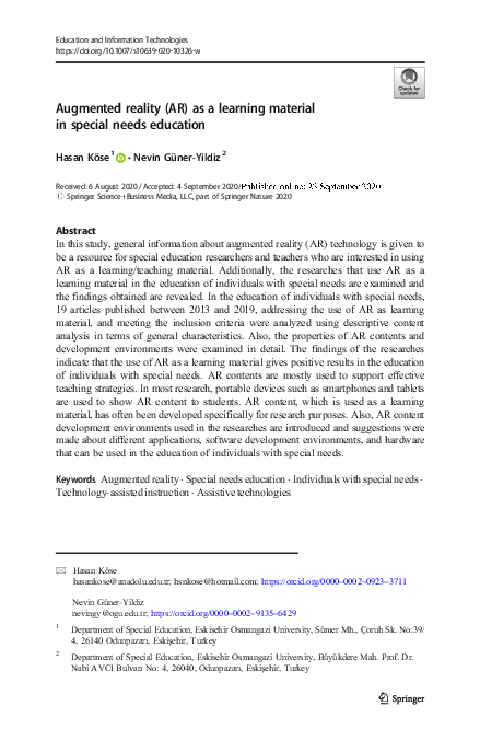 (PDF) Augmented reality (AR) as a learning material in special needs ...