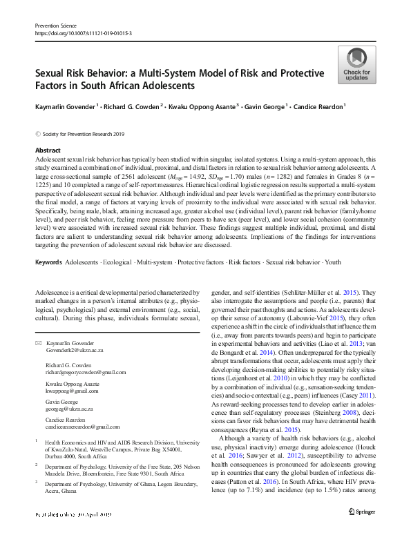 (PDF) Sexual Risk Behavior: a Multi-System Model of Risk and Protective ...