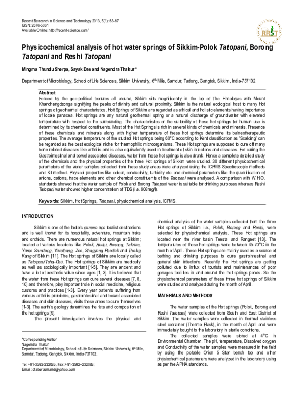 (PDF) Physicochemical analysis of hot water springs of Sikkim-Polok ...