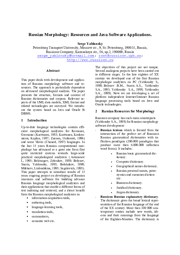 (PDF) Russian Morphology: Ressources and Java Software Application