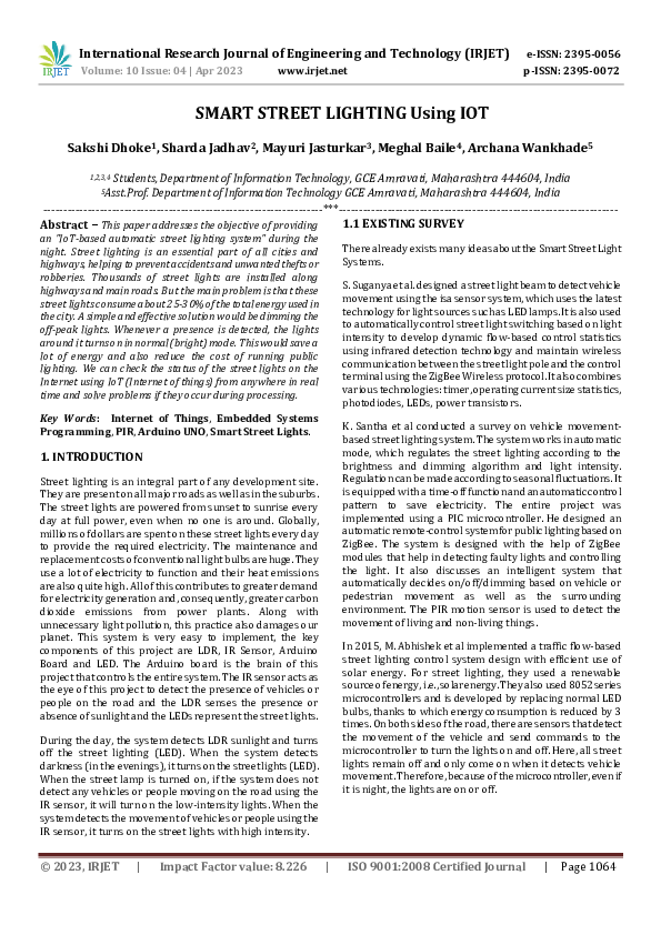 (PDF) SMART STREET LIGHTING Using IOT