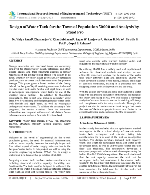 (PDF) Design of Water Tank for the Town of Population 50000 and ...