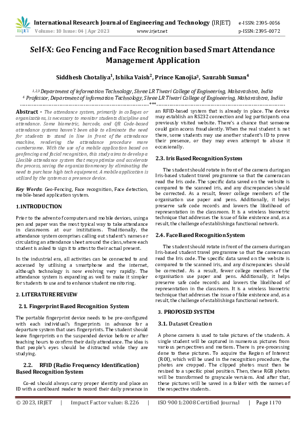 (PDF) Self-X: Geo Fencing and Face Recognition based Smart Attendance ...
