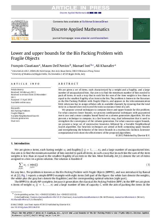 (PDF) Lower and upper bounds for the Bin Packing Problem with Fragile