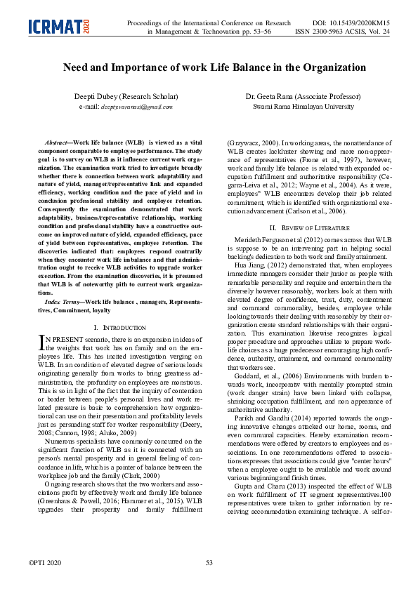 (PDF) Need and Importance of Work Life Balance in the Organization