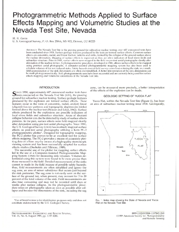 Photogrammetric methods applied to surface effects mapping and volumetric studies at the Nevada Test side, Nevada