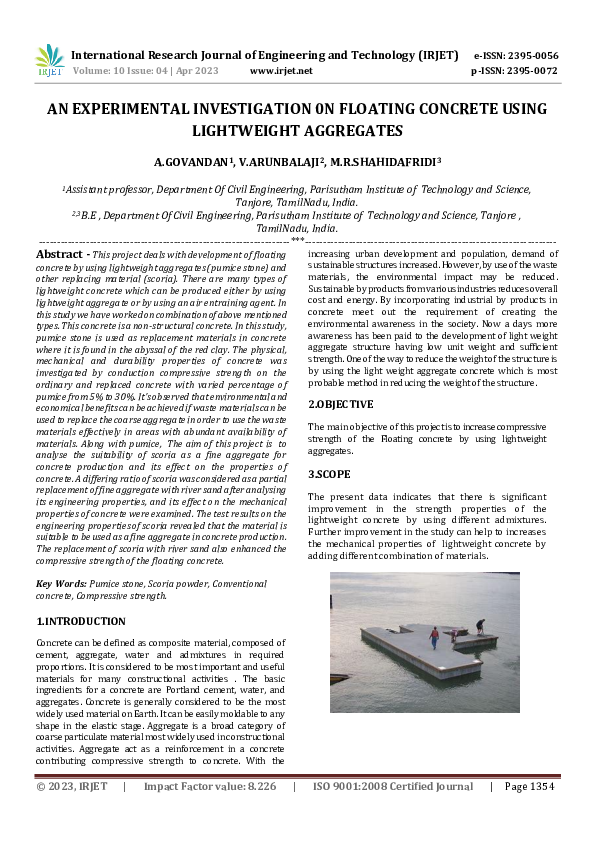 (PDF) AN EXPERIMENTAL INVESTIGATION 0N FLOATING CONCRETE USING ...