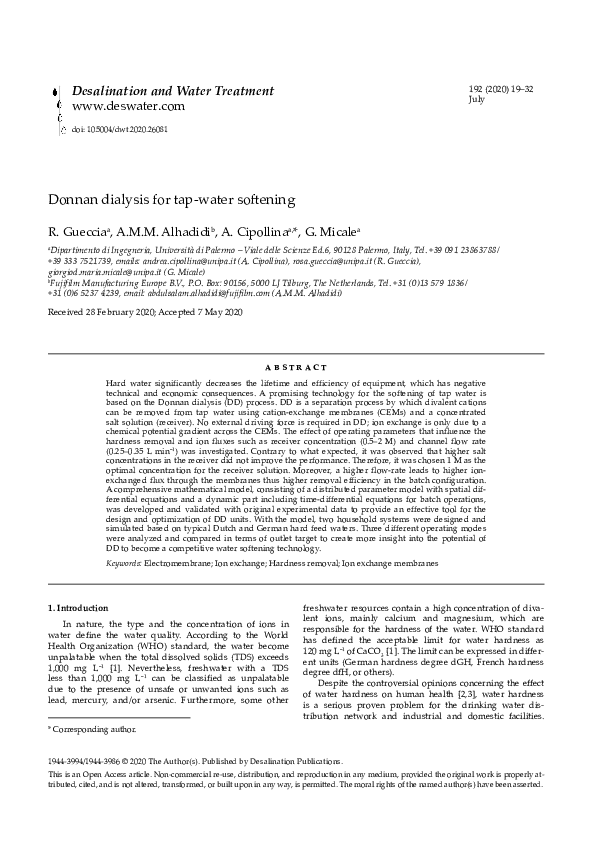 (PDF) Donnan dialysis for tap-water softening
